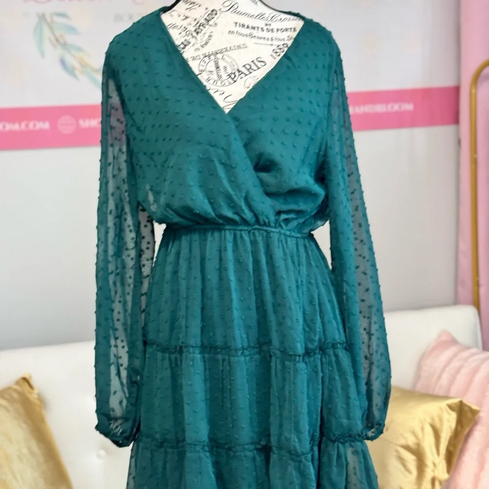Emerald Green Swiss Dot Tiered Long Sleeve Dress - Picture 4 of 5